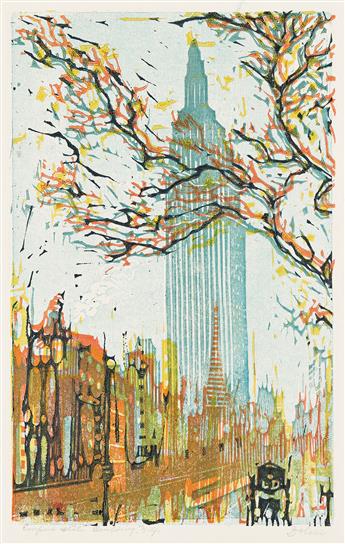 LEON DOLICE Three color woodcuts of the Empire State Building.